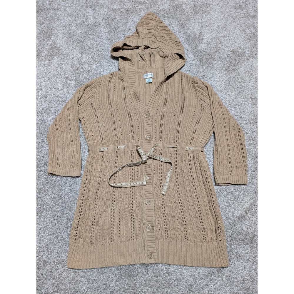 Motherhood Maternity Knit Hooded Cardigan Sweater Belted Tan Size‎ M